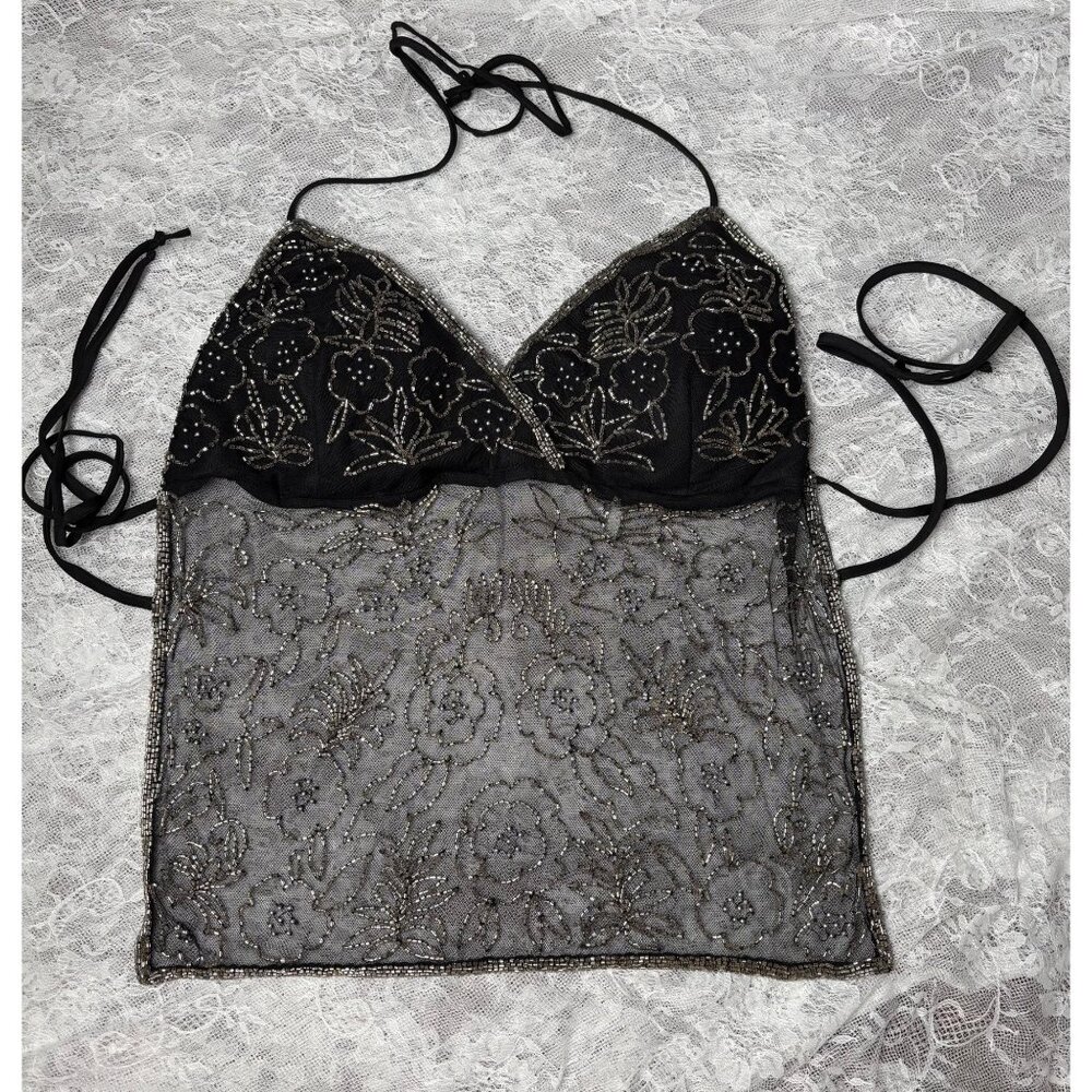 Vintage Y2k Lipstick Beaded Shear Front/Backless Halter Top (L)